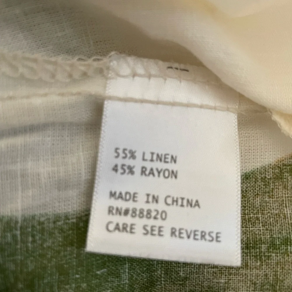Rachel Zoe Linen Cropped Short Puff Sleeve Wide Neck Shirt Top Green Floral NWT